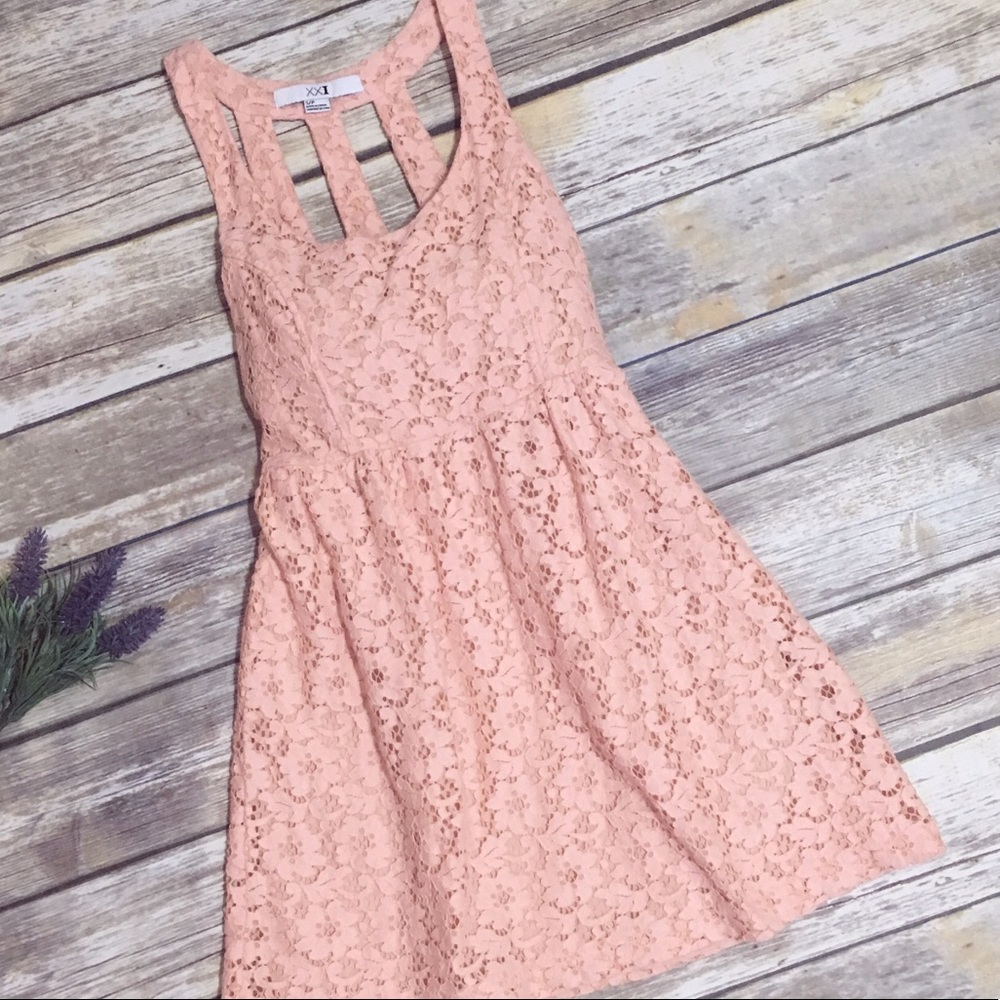 Peach Lace Fit & Flare Caged Back Halter Dress - Picture 1 of 5